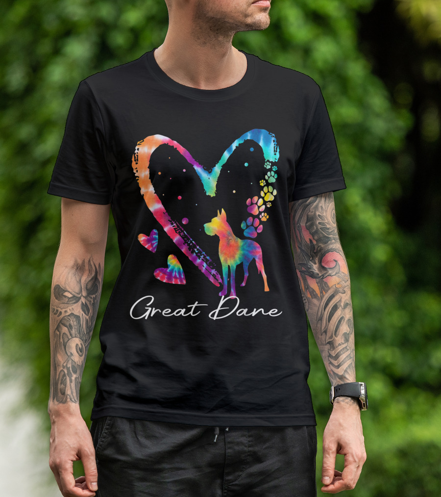 Great Dane Love Tie Dye Rainbow Heart Paw Prints T-Shirt