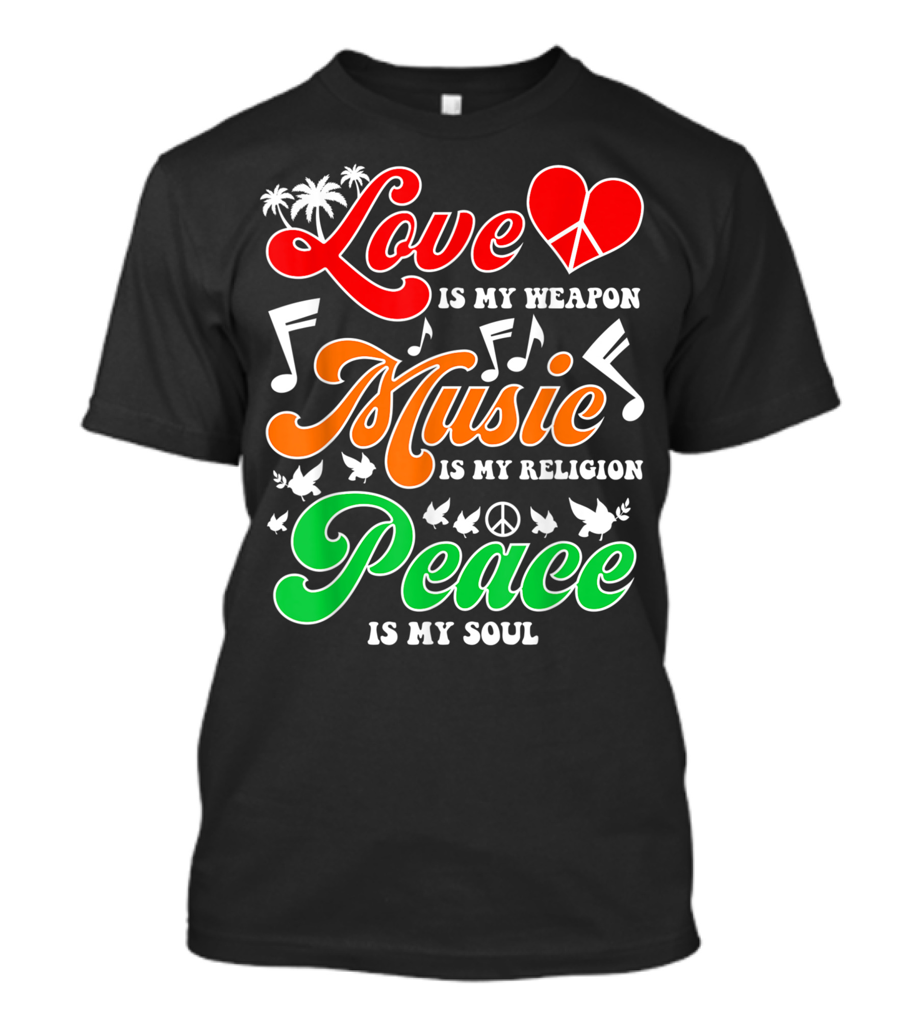 Love Heart Peace Music Notes Palm Trees Doves T-Shirt