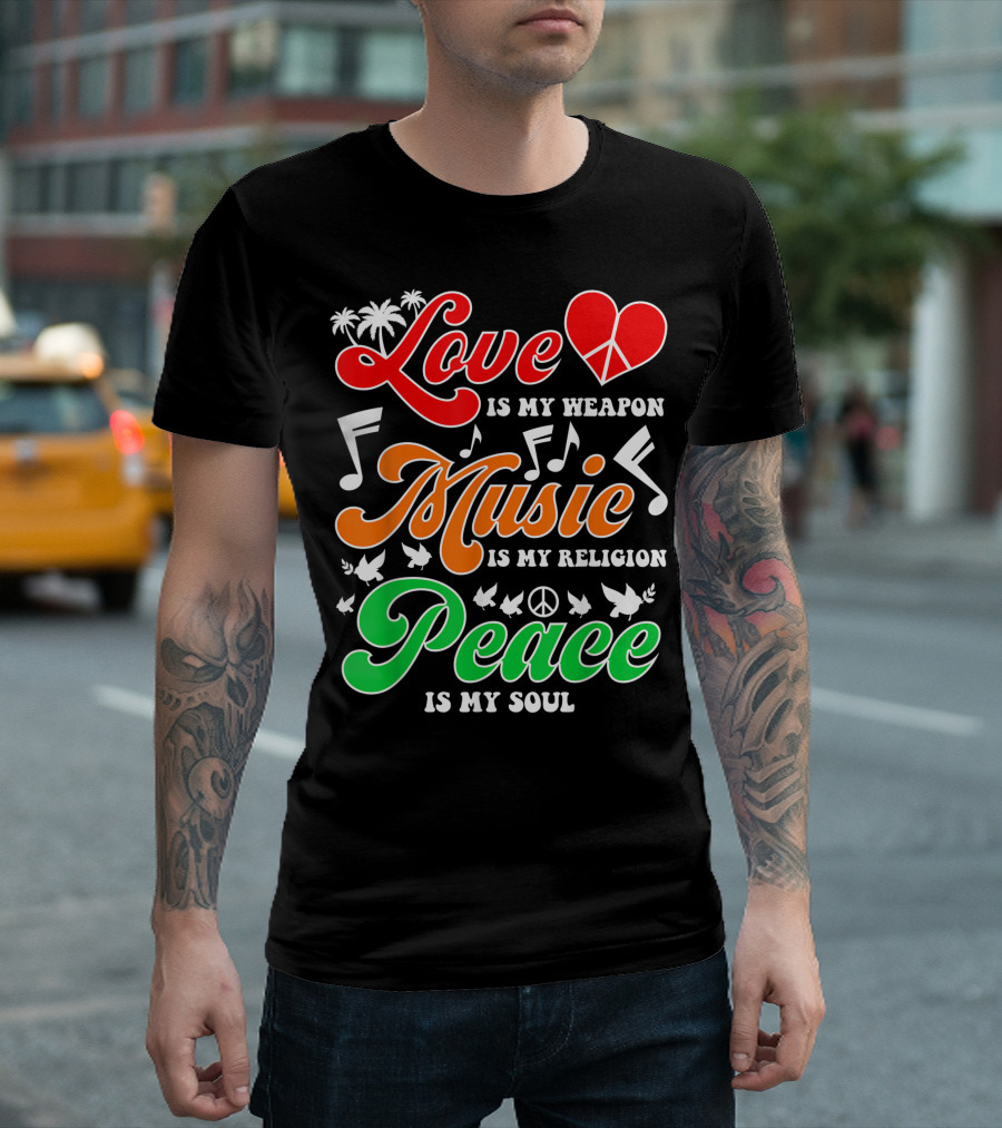 Love Heart Peace Music Notes Palm Trees Doves T-Shirt