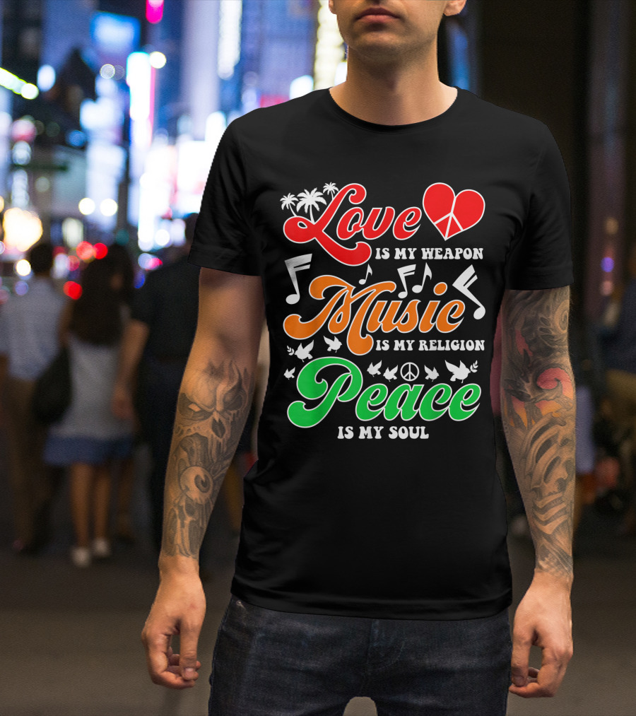 Love Heart Peace Music Notes Palm Trees Doves T-Shirt