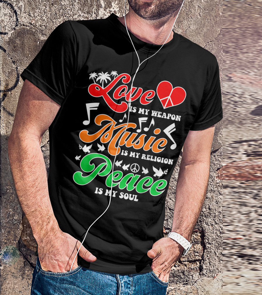 Love Heart Peace Music Notes Palm Trees Doves T-Shirt