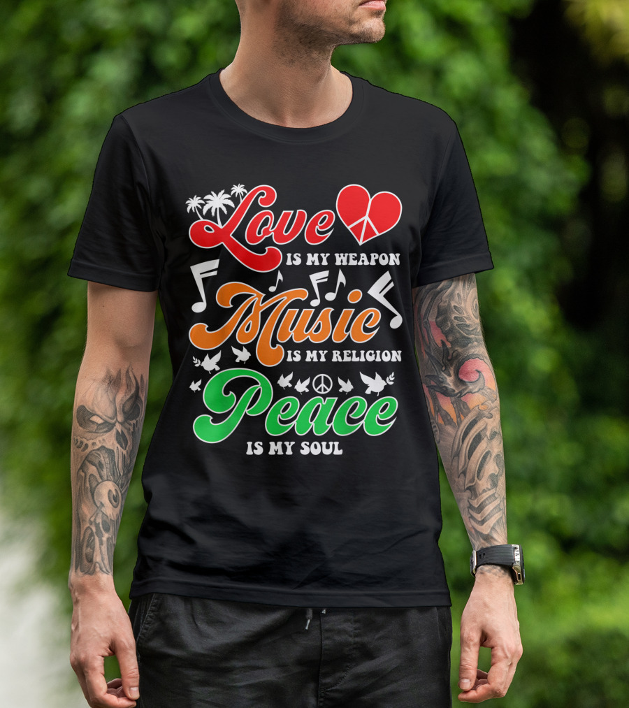 Love Heart Peace Music Notes Palm Trees Doves T-Shirt