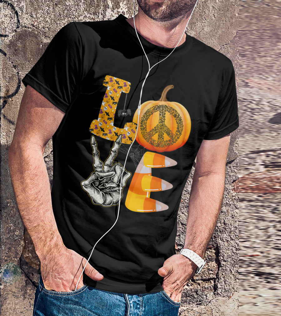 Love Halloween Pumpkin Peace Candy Corn V Sign T-Shirt