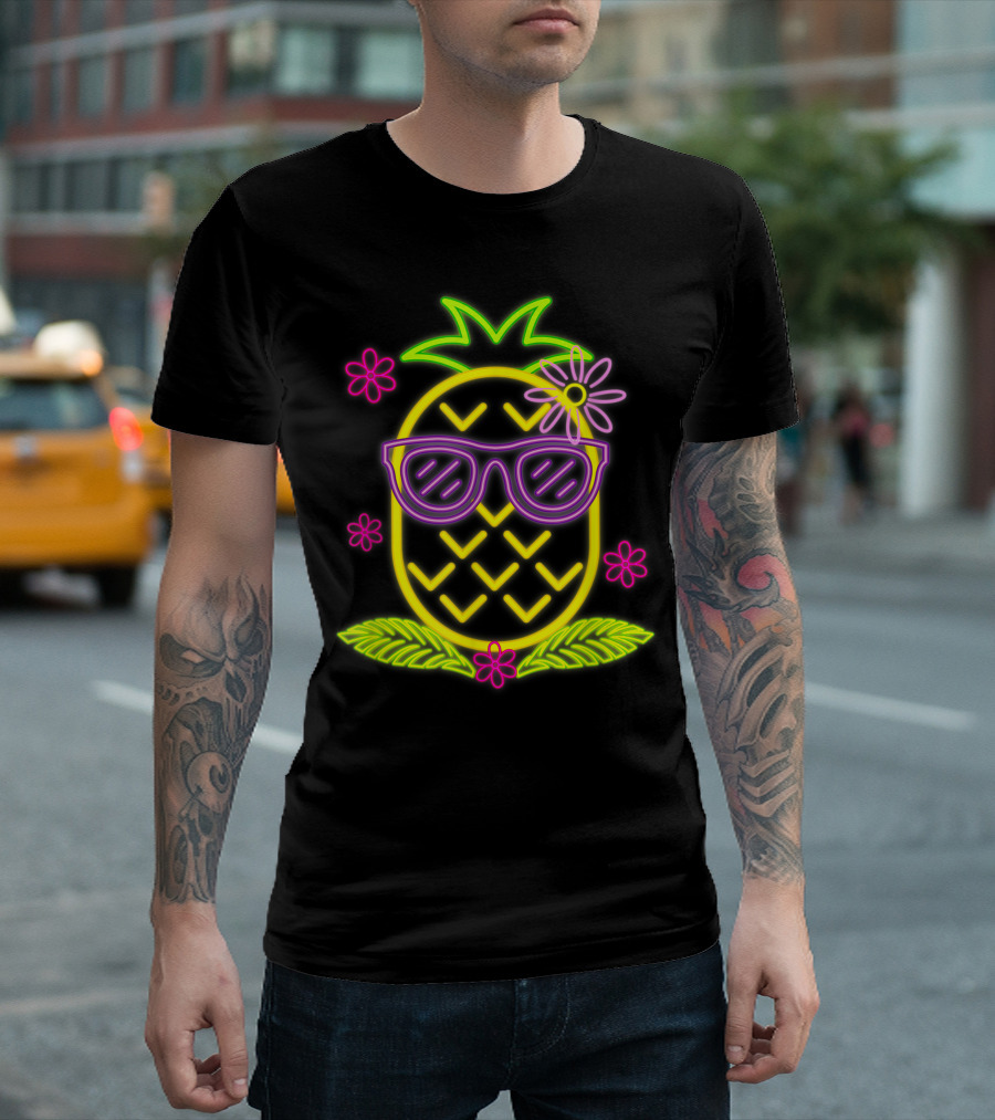Luau Party Pineapple with Neon Sunglasses and Flowers for Hawaiian T-Shirt