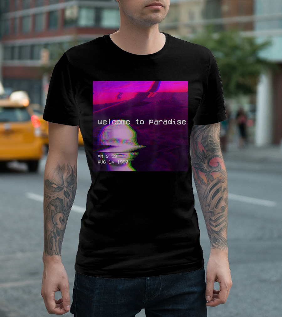 Welcome To Paradise AM 9:59 AUG. 14 1990 Vaporwave 90s Nostalgic Aesthetic T-Shirt