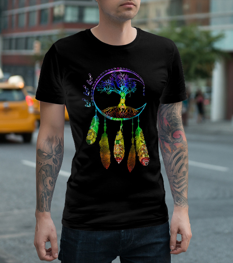 Moon Dream Catcher Feathers Colorful Tree Of Life T-Shirt