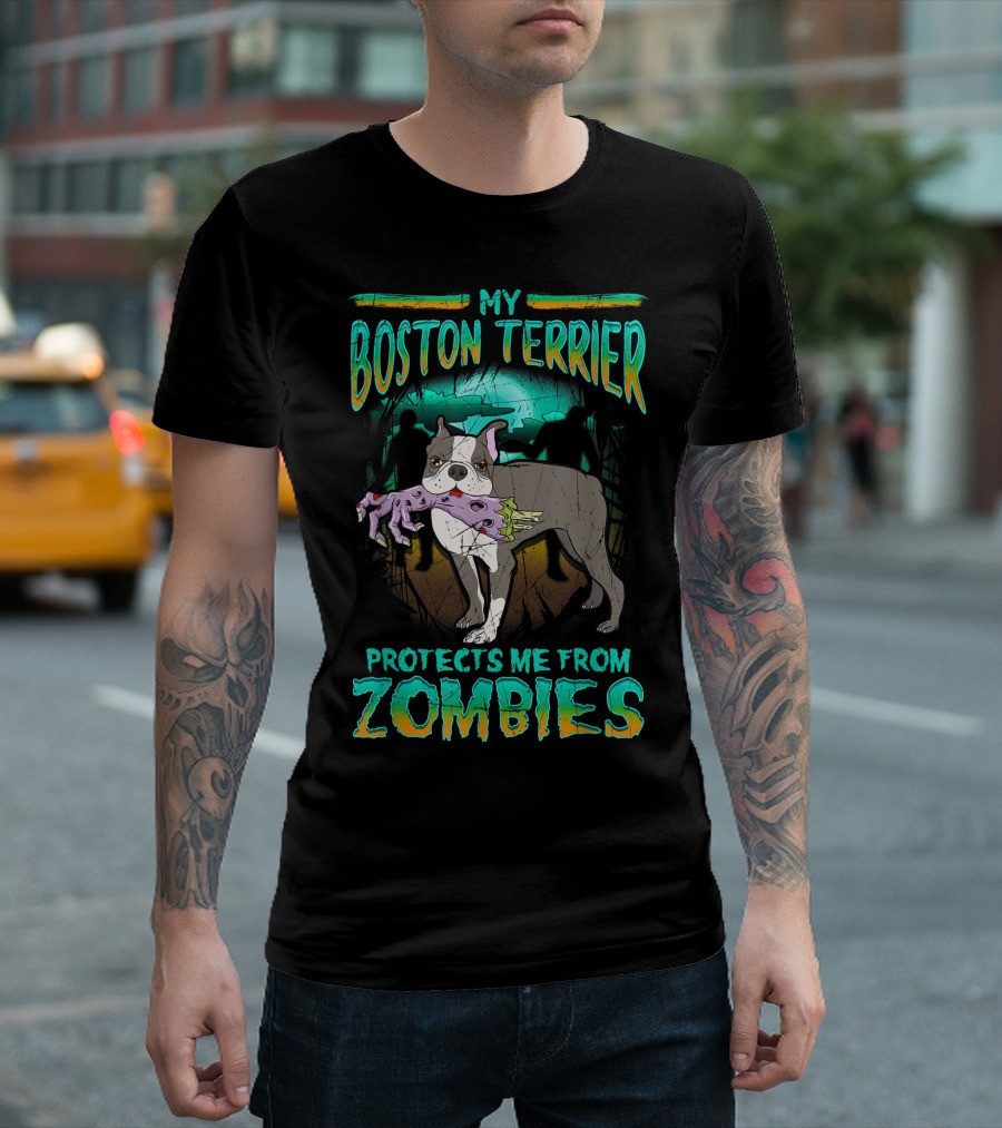 My Boston Terrier Protects Me From Zombies Poster Style Noir Night Forest With Silhouetted Figures T-Shirt