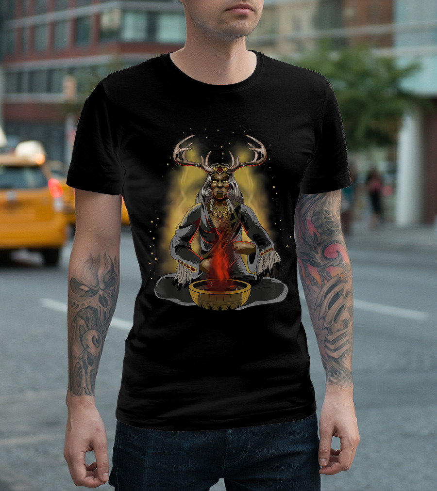 Native American Indian Shaman with Antler Headdress and Mystical Aura T-Shirt