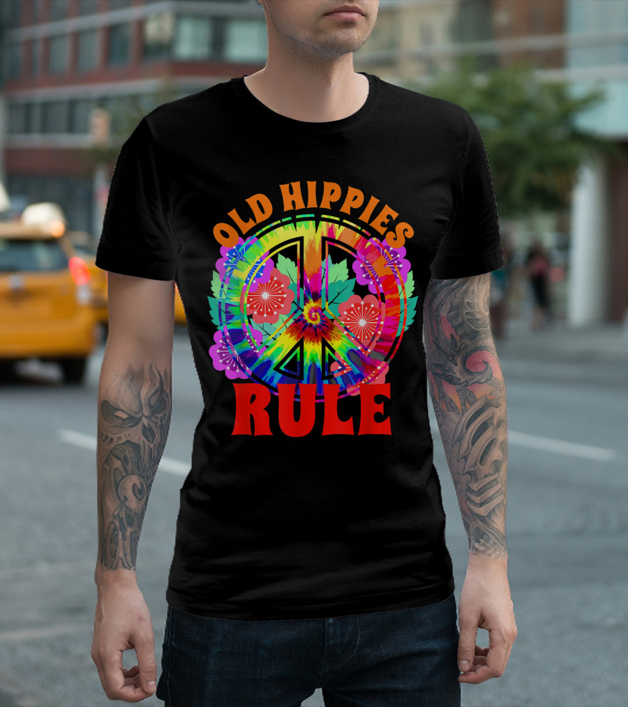 Old Hippies Rule Flower Peace Sign 60s 70s Bohemian Bright Tie-Dye T-Shirt