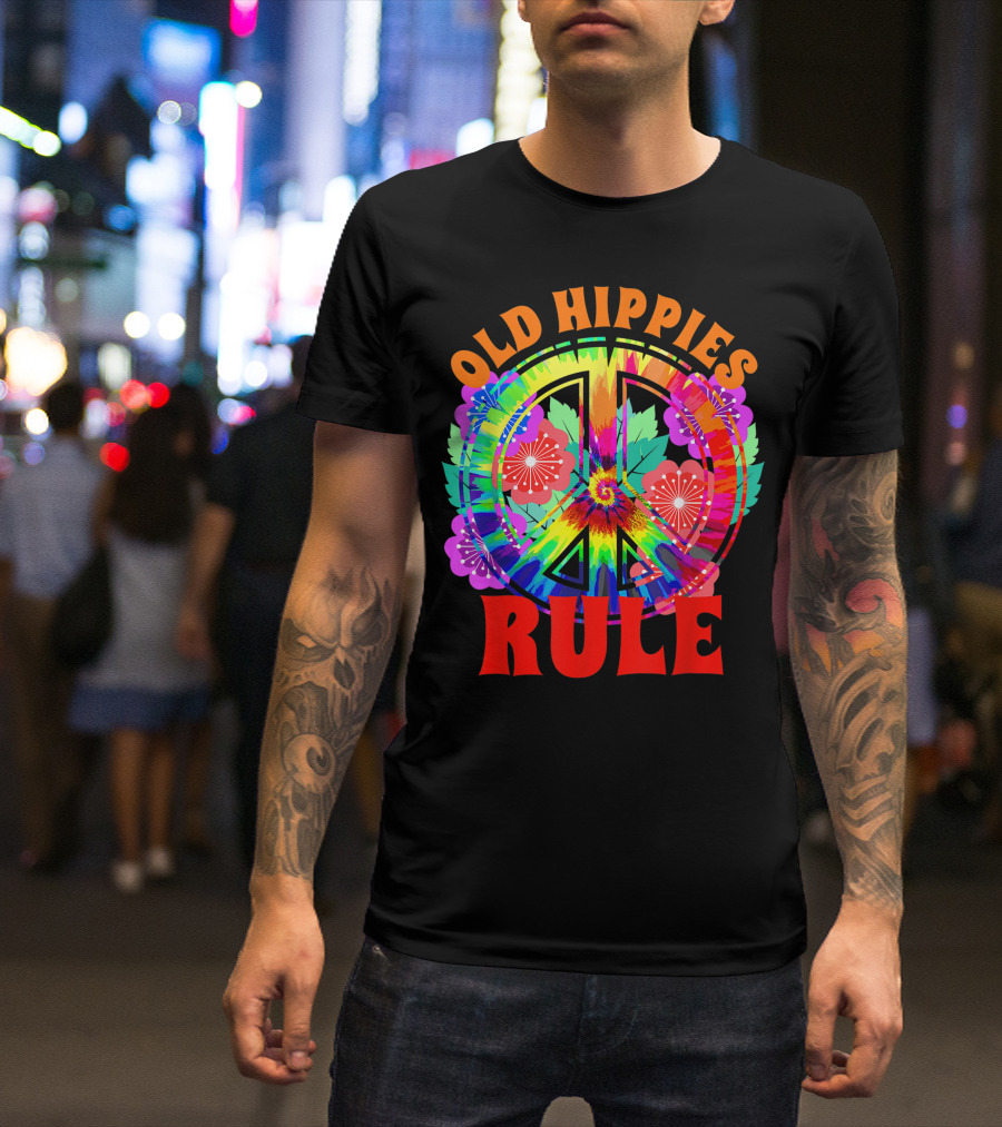 Old Hippies Rule Flower Peace Sign 60s 70s Bohemian Bright Tie-Dye T-Shirt
