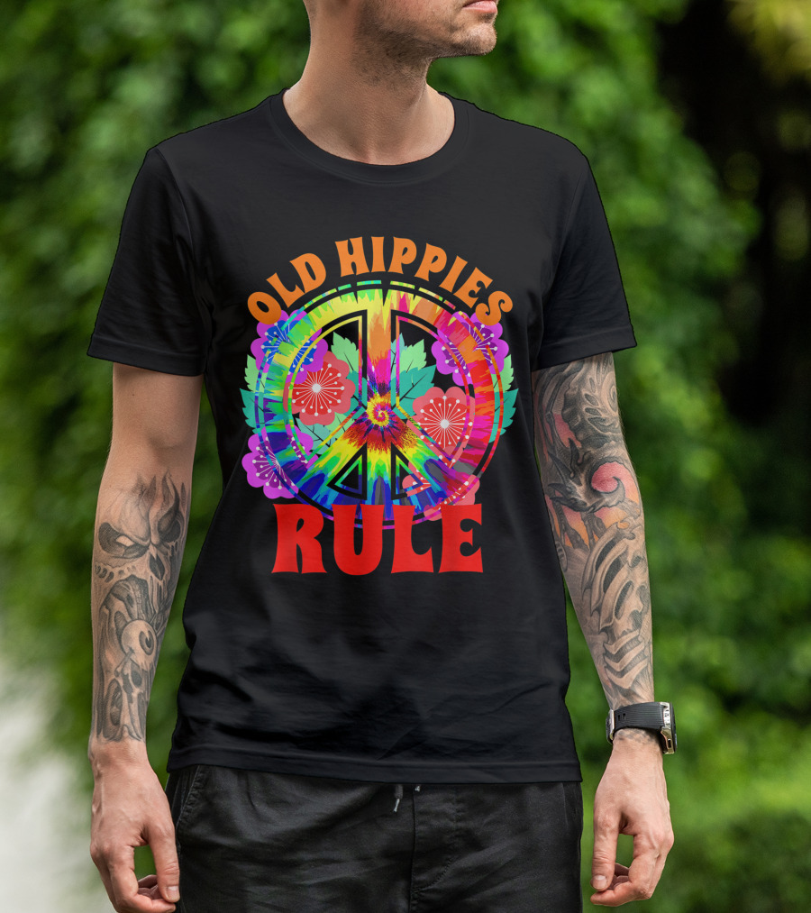 Old Hippies Rule Flower Peace Sign 60s 70s Bohemian Bright Tie-Dye T-Shirt
