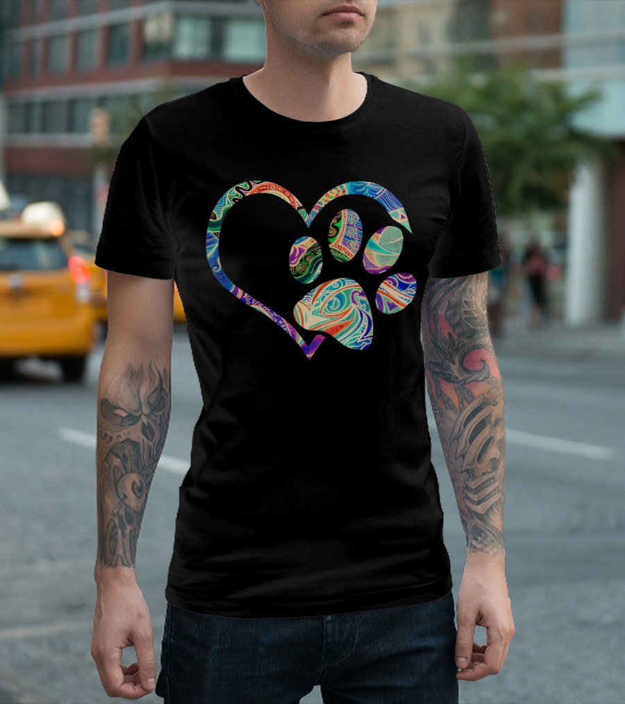 Pawprint Heart Tie Dye Rainbow A8 Dog Paw Prints T-Shirt