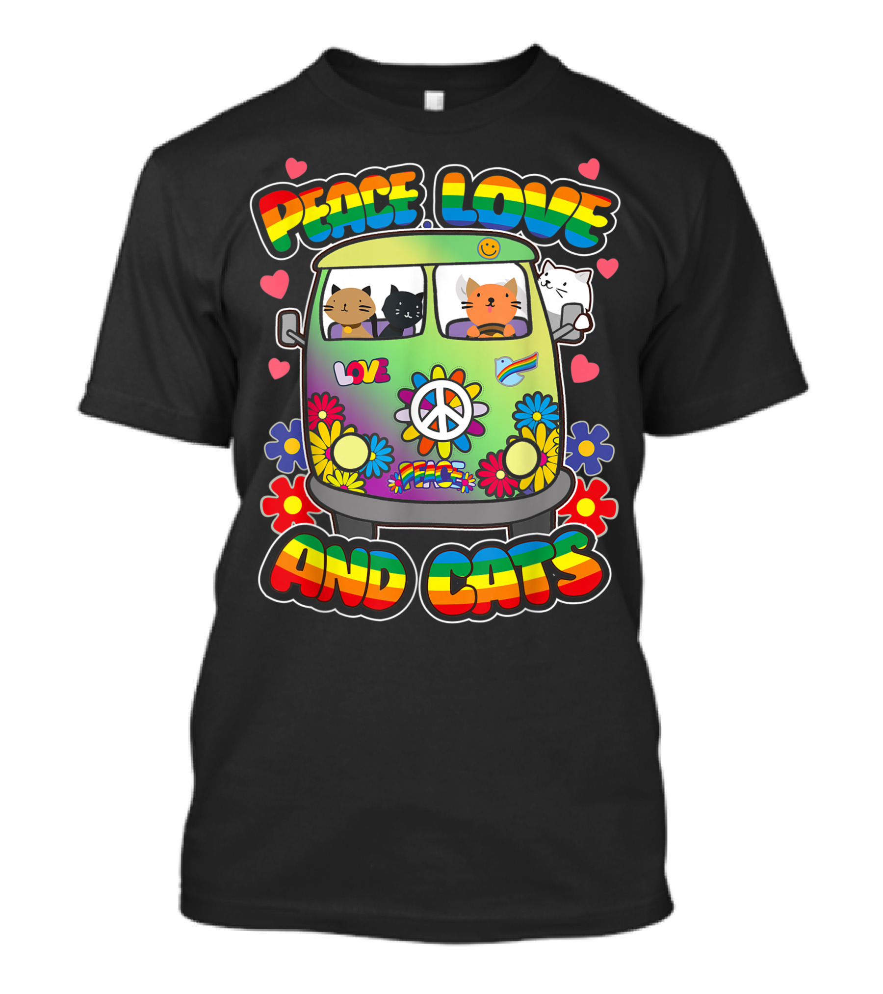 Peace Love And Cats Hippie Flower Power Groovy Van Rainbow T-Shirt