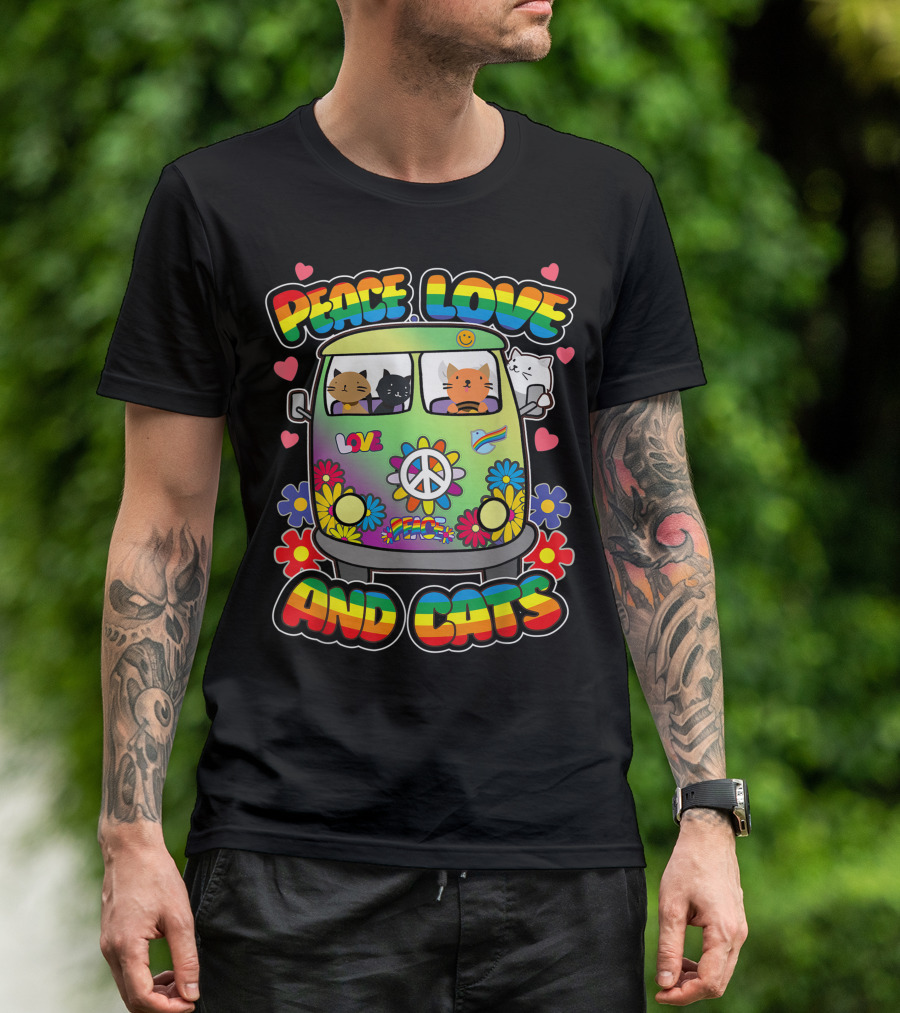Peace Love And Cats Hippie Flower Power Groovy Van Rainbow T-Shirt