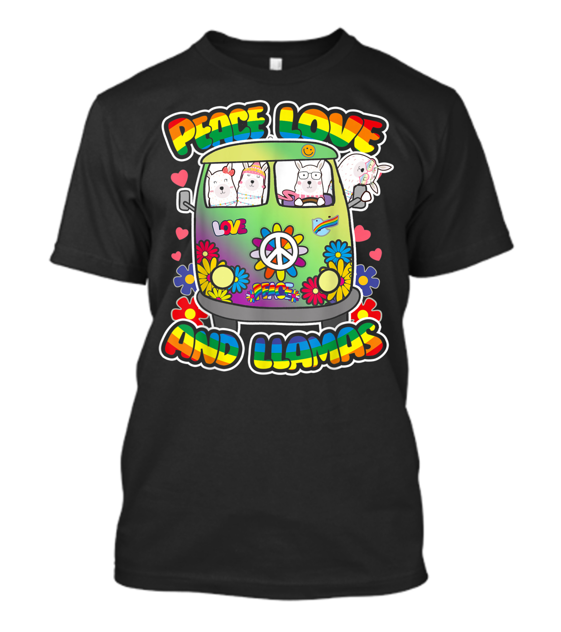 Peace Love And Llamas Groovy Flower Power Hippie Bus T-Shirt