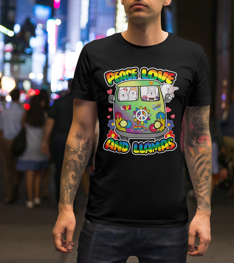 Peace Love And Llamas Groovy Flower Power Hippie Bus T-Shirt