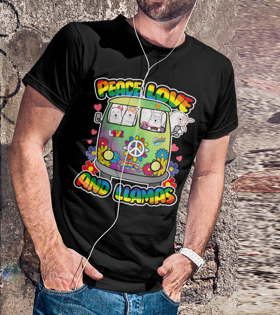 Peace Love And Llamas Groovy Flower Power Hippie Bus T-Shirt