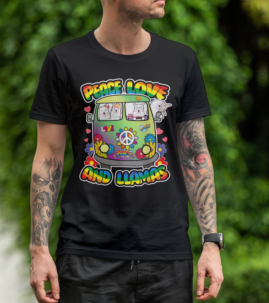 Peace Love And Llamas Groovy Flower Power Hippie Bus T-Shirt