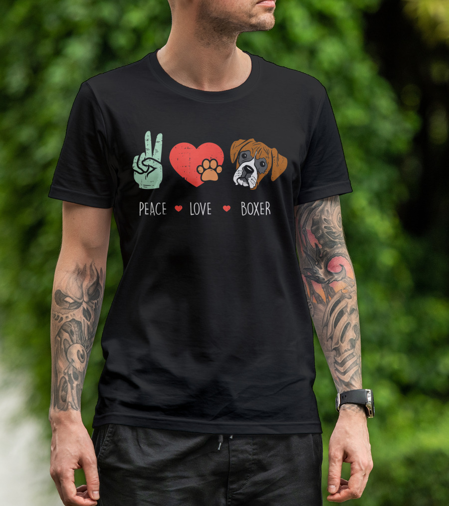 Peace Love Boxer Cute Animal Pet Dog Lover Hippie Hippy Paws And Hearts T-Shirt