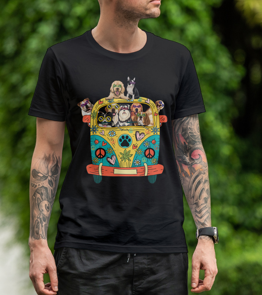Peace Love Dogs Colorful Hippie Van With Sunglasses And Tropical Vibe T-Shirt