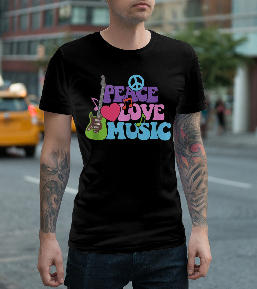 Peace Love Music Gypsy Hippy Hippie Style KC Retro Guitar Peace Sign T-Shirt