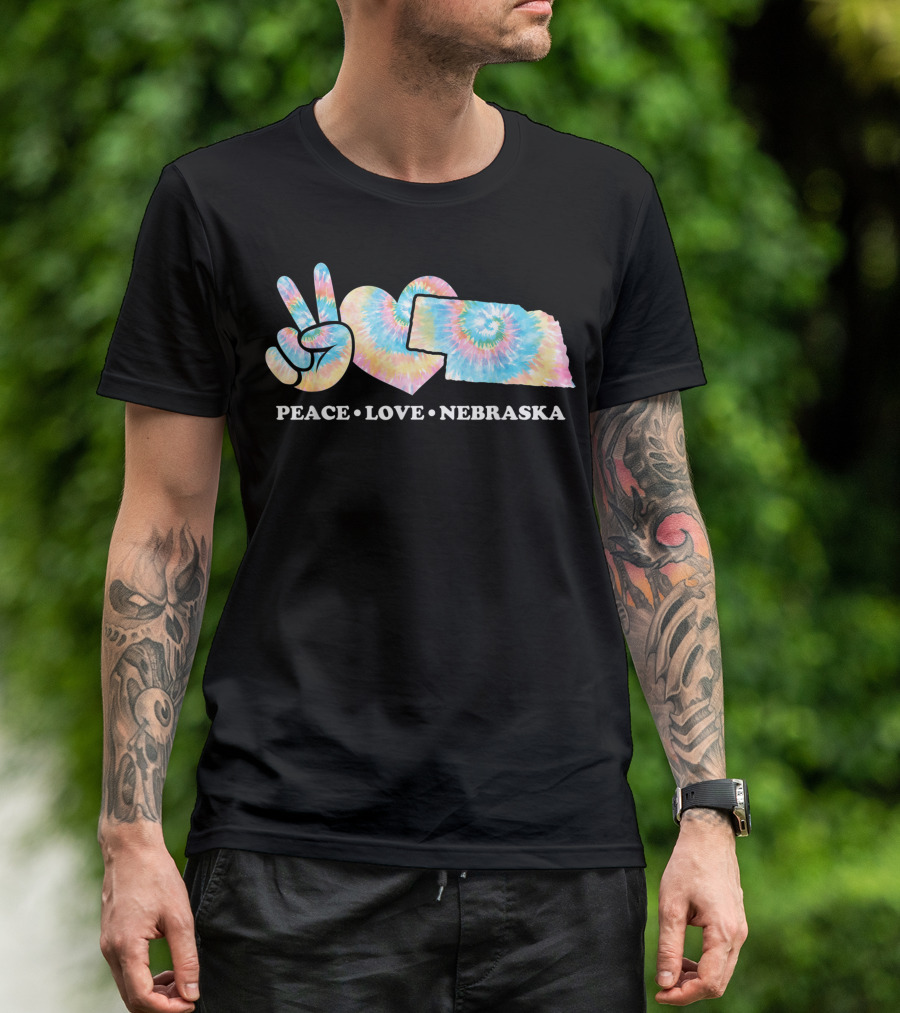 Tie-Dye Peace Sign Heart And Nebraska Map Peace Love Nebraska T-Shirt