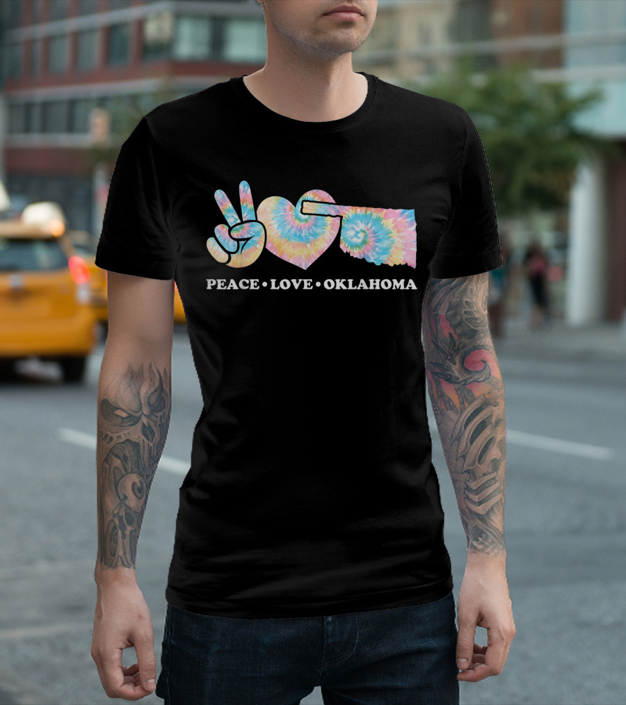 Peace Love Oklahoma Tie-Dye Peace Sign Heart and State Map T-Shirt
