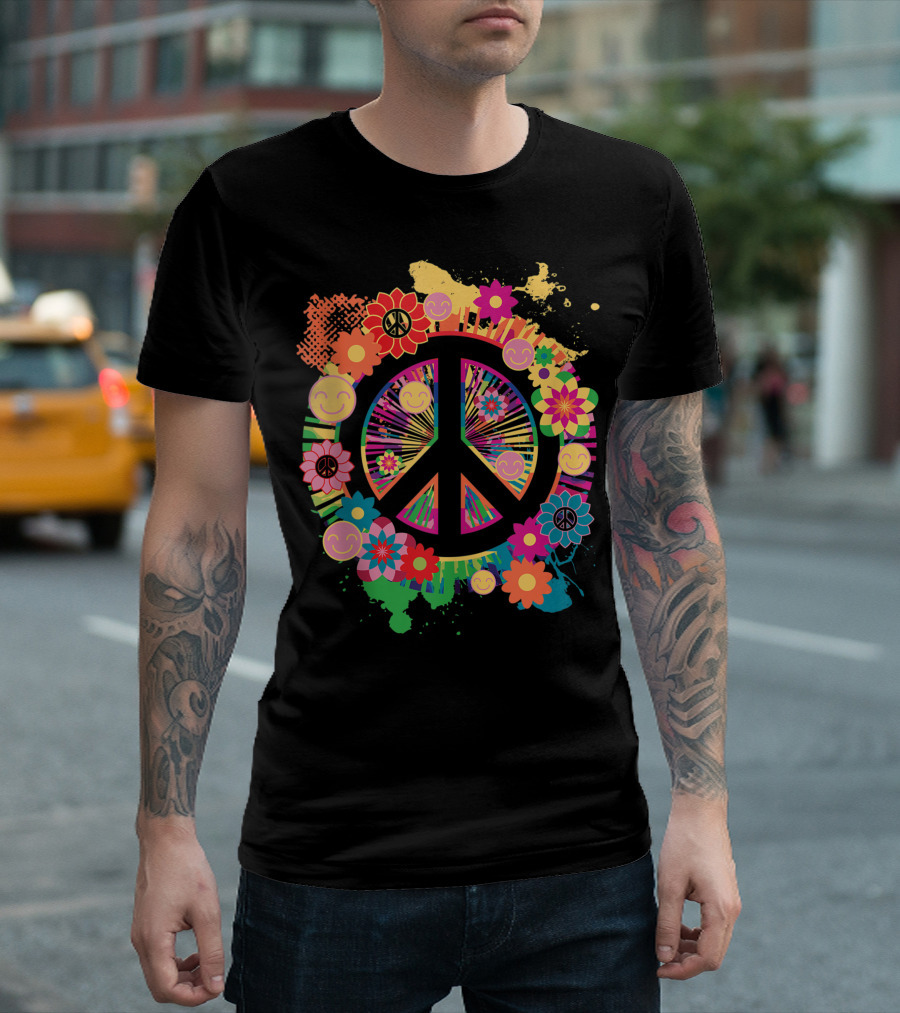 Peace Sign with Colorful Flowers and Smiley Faces 60s 70s Hippie T-Shirt