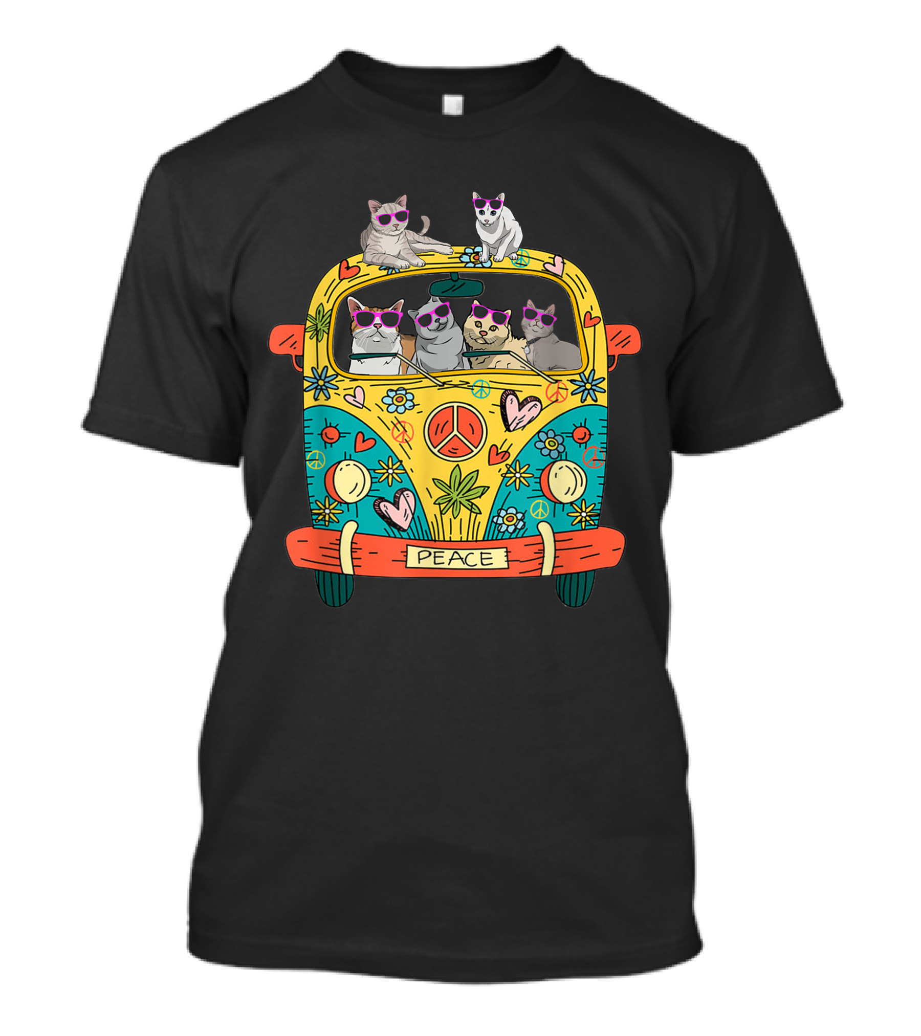 Hippie Van With Sunglasses Cats And Peace T-Shirt
