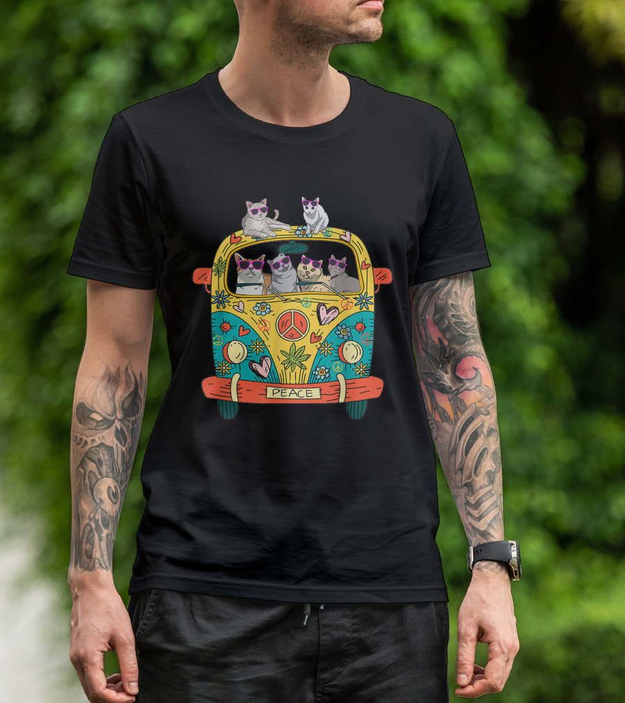 Hippie Van With Sunglasses Cats And Peace T-Shirt