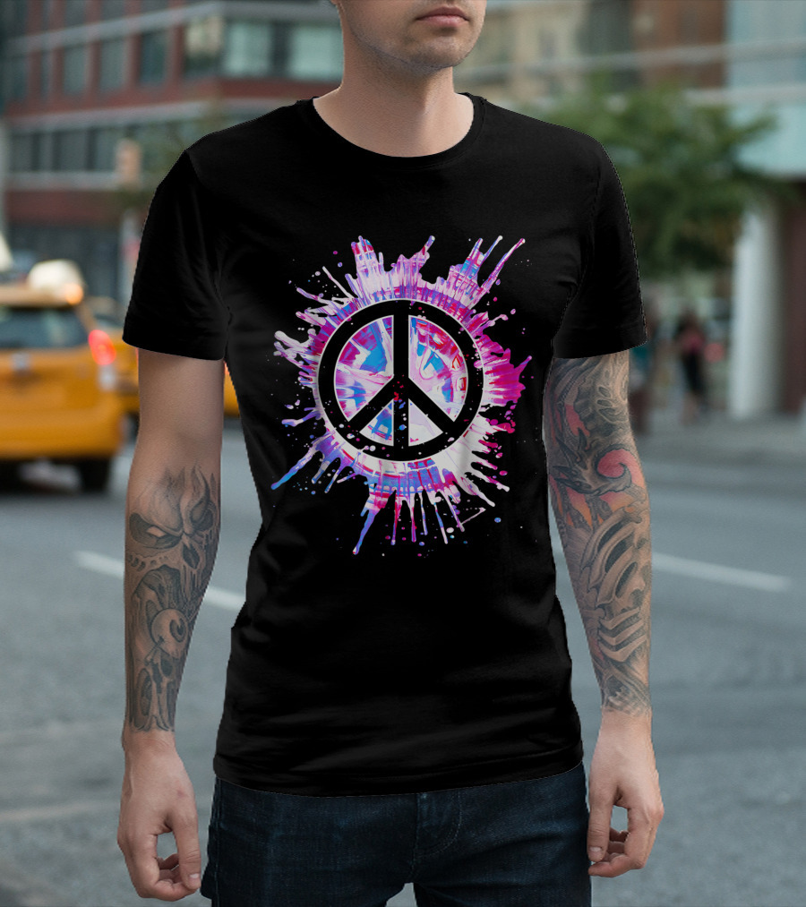 Peace Sign Paint Splatter 70s Hippie Tie Dye Rainbow Burst T-Shirt