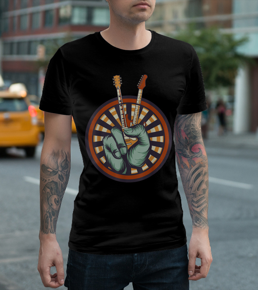 Peace Sign Guitarist Hand Holding Rock Musician Hippie Guitar T-Shirt