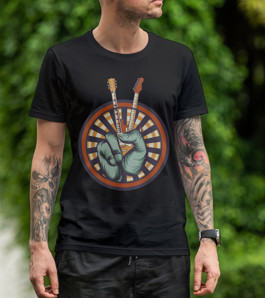 Peace Sign Guitarist Hand Holding Rock Musician Hippie Guitar T-Shirt