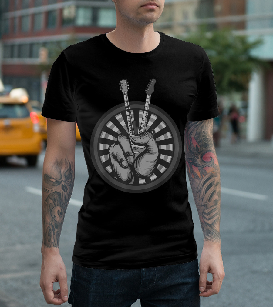 Peace Sign Rock Band Guitar Hand Musician Circle T-Shirt