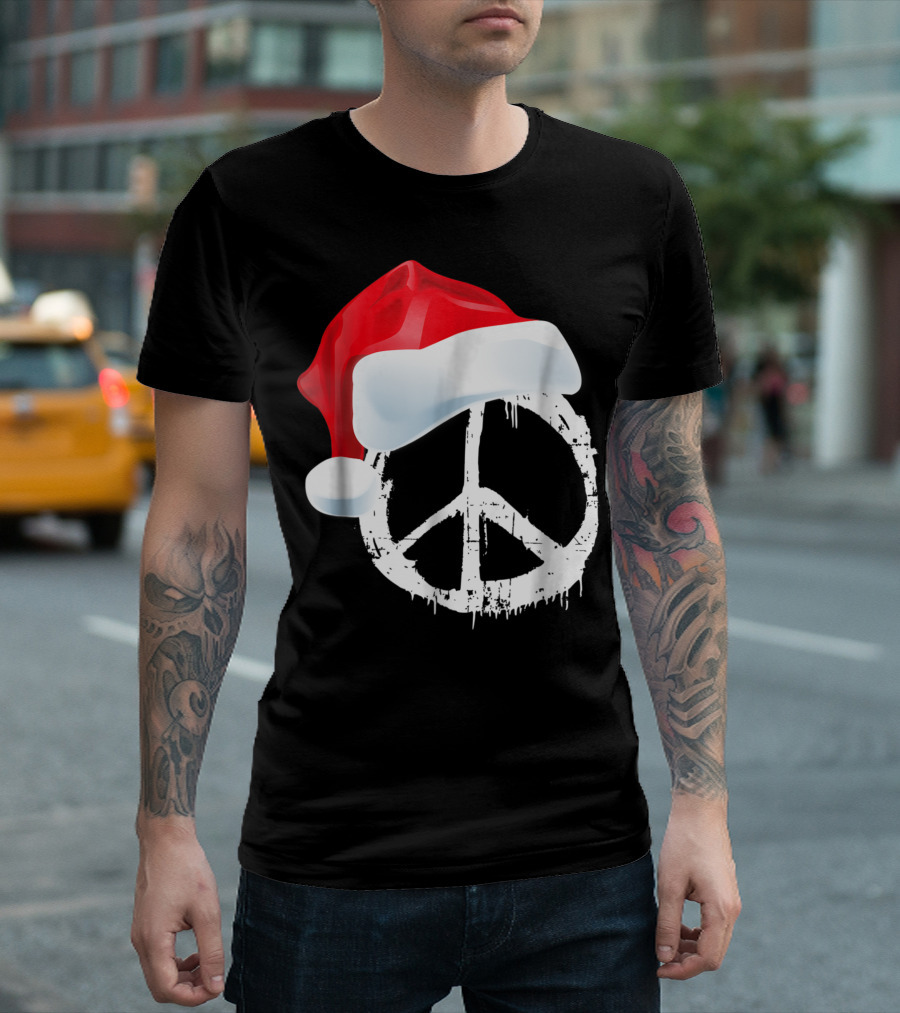 Peace Sign Vintage Distressed Symbol Hippie Santa Hat Holiday T-Shirt
