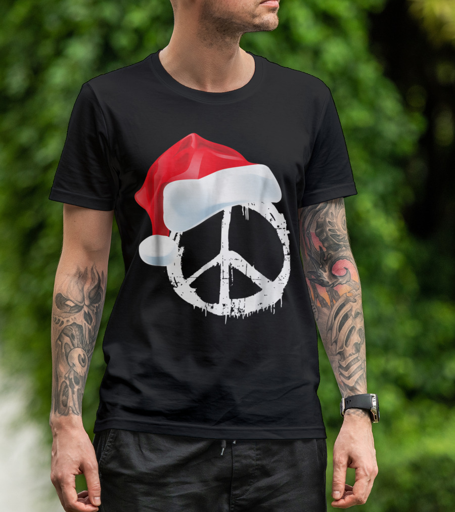 Peace Sign Vintage Distressed Symbol Hippie Santa Hat Holiday T-Shirt