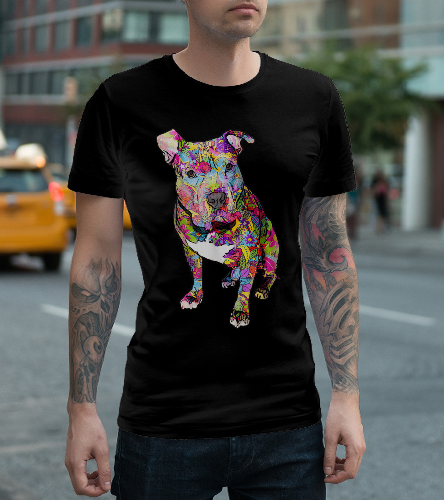 Pitbull Colorful Hippie Peace Sign Cute Love Pit Bull Whimsical Floral T-Shirt