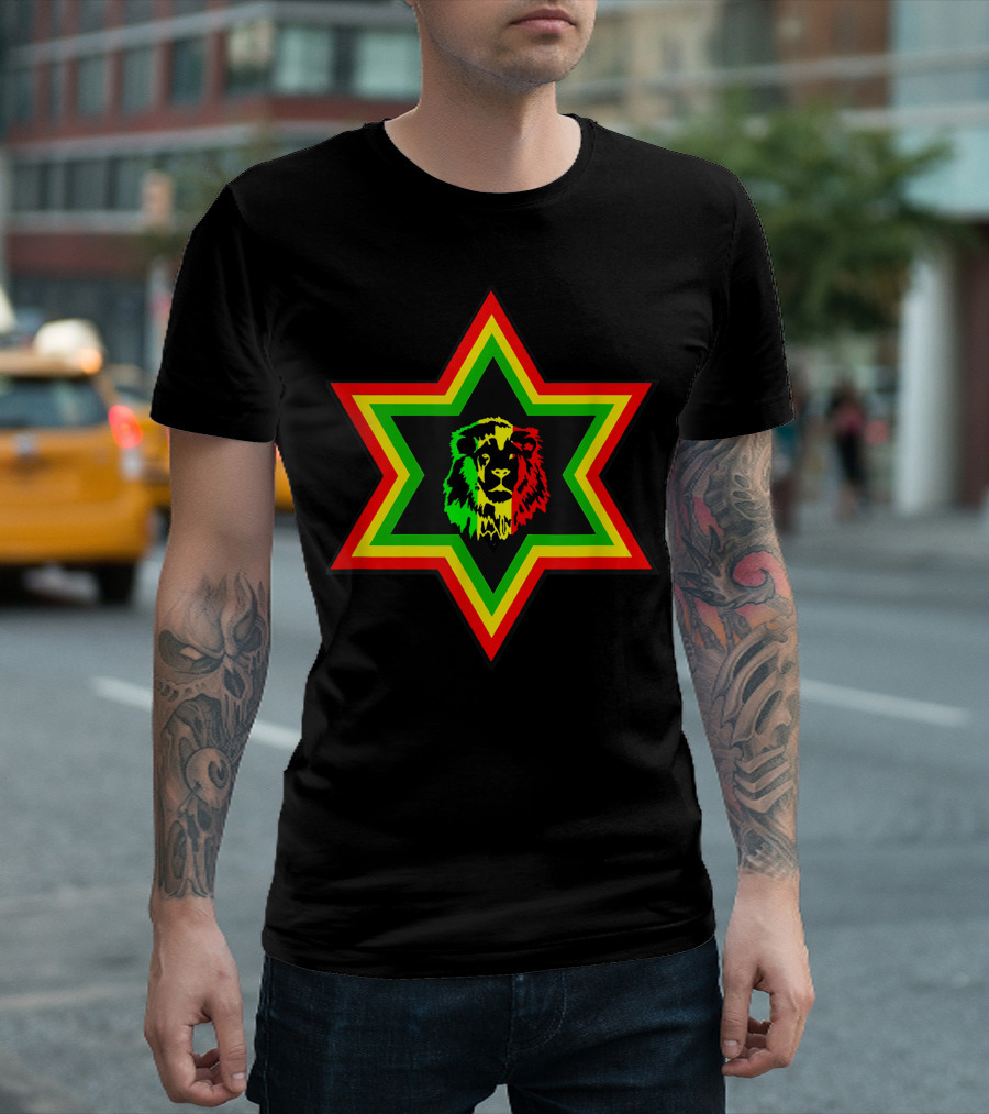 Rasta Lion Of Judah In Star Of David With Red Yellow Green Colors T-Shirt