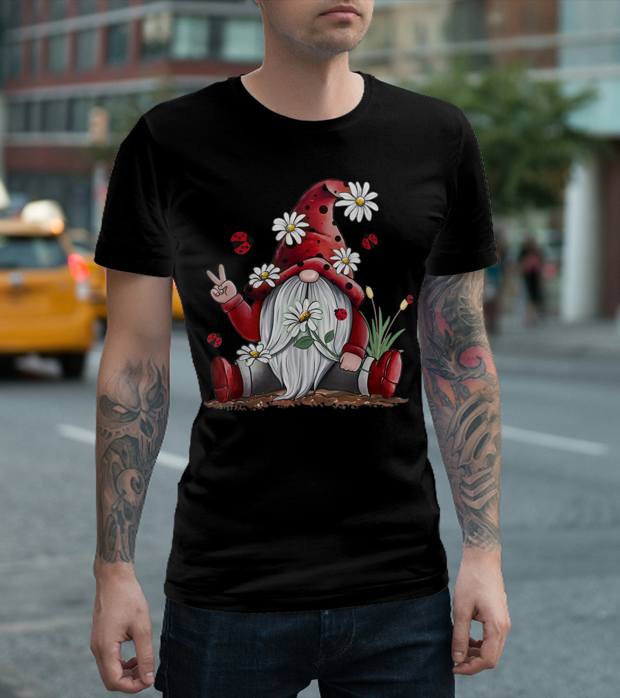 Red Gnome Hippie Daisy Flowers Ladybugs Christmas Peace Sign T-Shirt