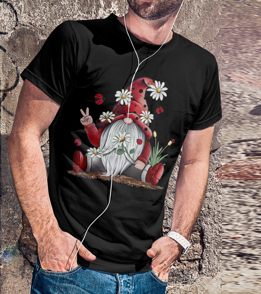 Red Gnome Hippie Daisy Flowers Ladybugs Christmas Peace Sign T-Shirt