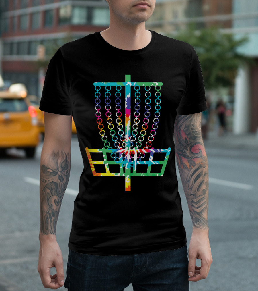 Retro Tie Dye Disc Golf Basket Rainbow Hippie Disc Golfer T-Shirt