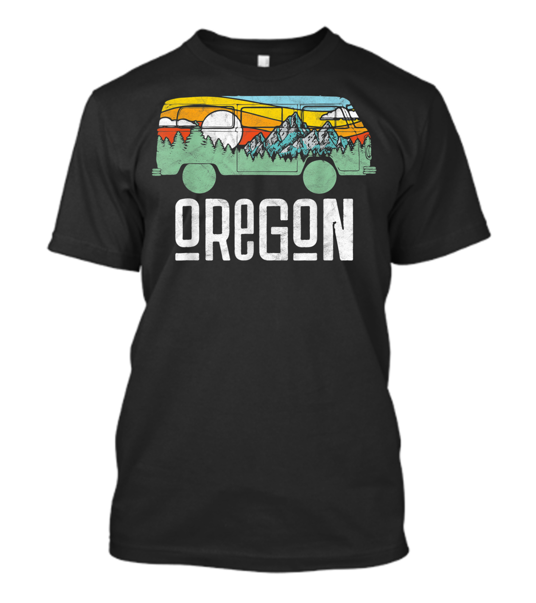 Oregon Retro Hippie Van With Mountains And Trees T-Shirt
