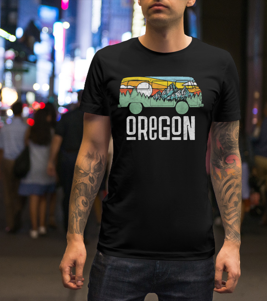 Oregon Retro Hippie Van With Mountains And Trees T-Shirt