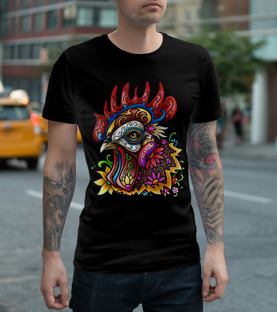 Roster Sugar Skull Dia De Muertos Day Of The Dead Rooster Floral T-Shirt