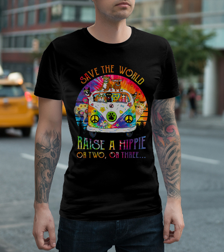 Save The World Raise A Hippie Or Two Or Three Colorful Animal Bus Peace Signs T-Shirt