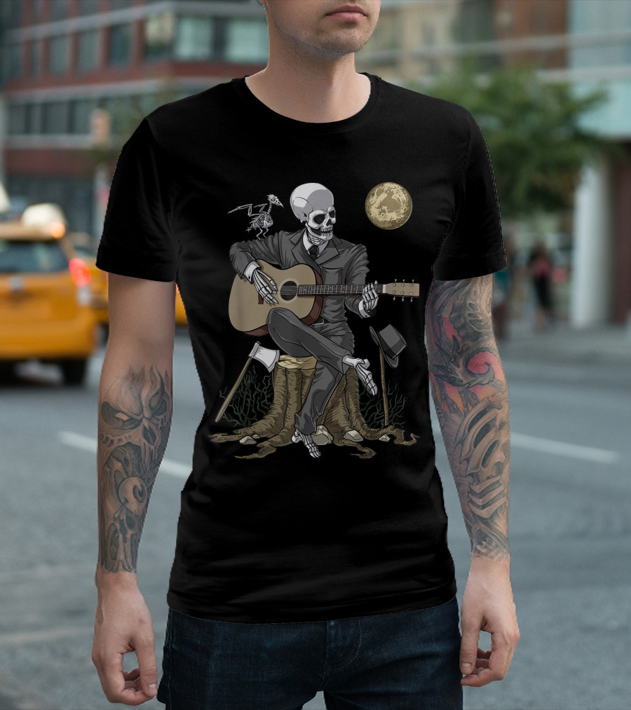 Skeleton Playing Acoustic Guitar Under Moon with Suit Fantasy Gothic Macabre Goth T-Shirt