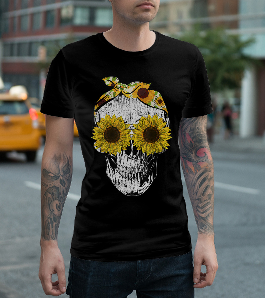 Skull Sunflower Skeleton With Bandana Sunflower Eyes T-Shirt