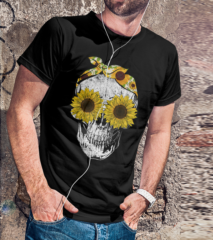 Skull Sunflower Skeleton With Bandana Sunflower Eyes T-Shirt