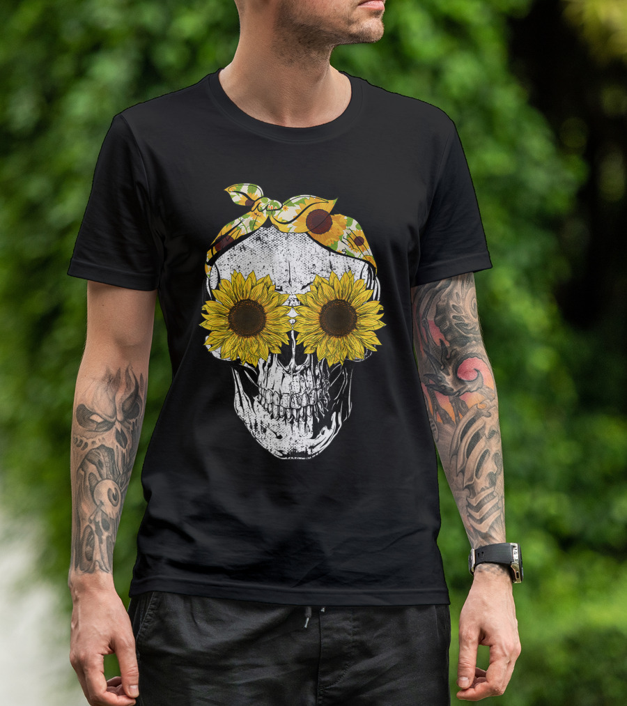 Skull Sunflower Skeleton With Bandana Sunflower Eyes T-Shirt