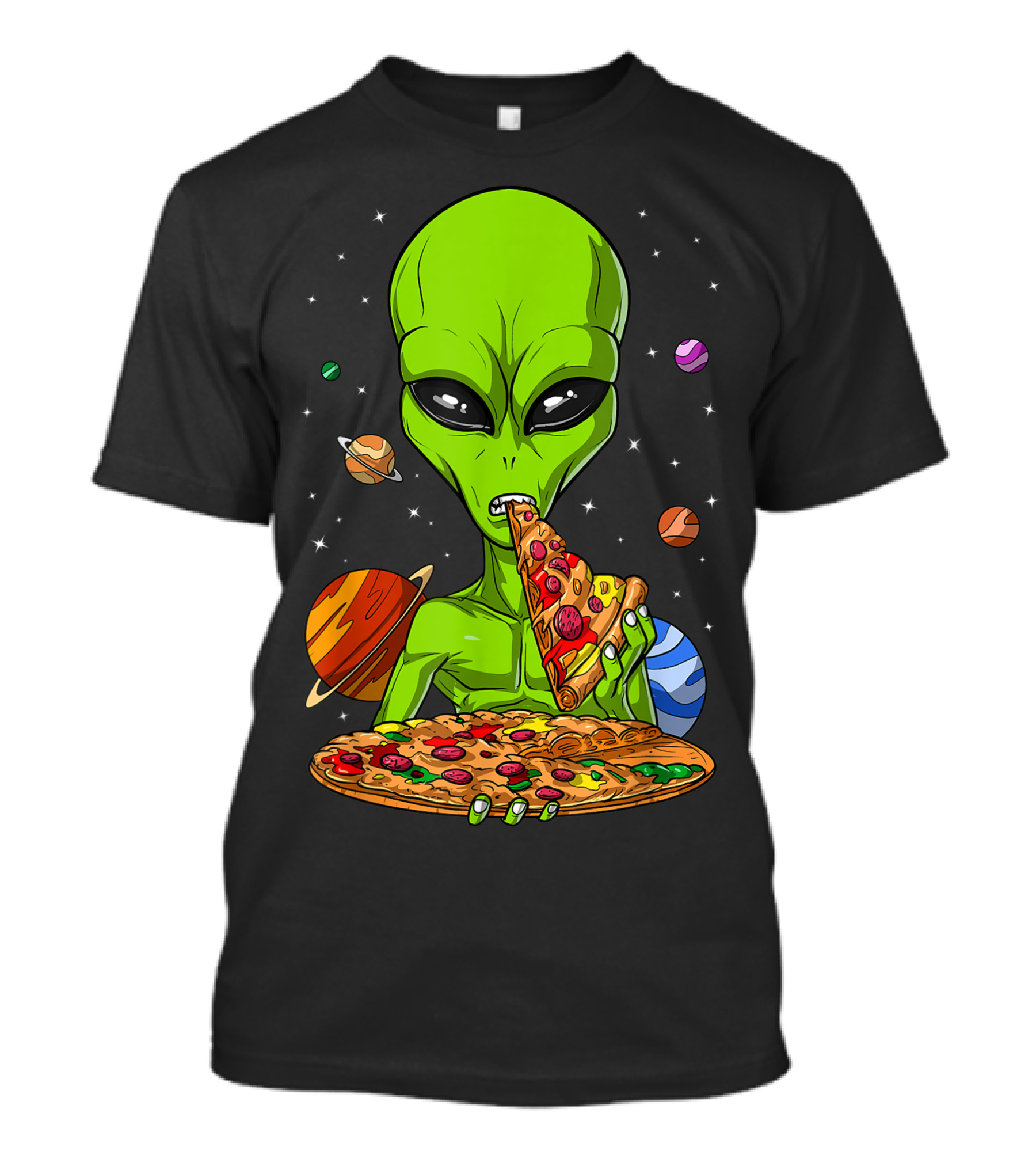 Space Alien Eating Pizza In Cosmic UFO Science Fiction Scene T-Shirt